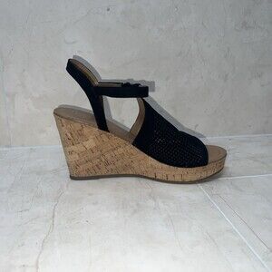 Franco Sarto Sz 10 Wedge Sandals Ankle Straps Cork Black Canyon Fabric EUC 10M